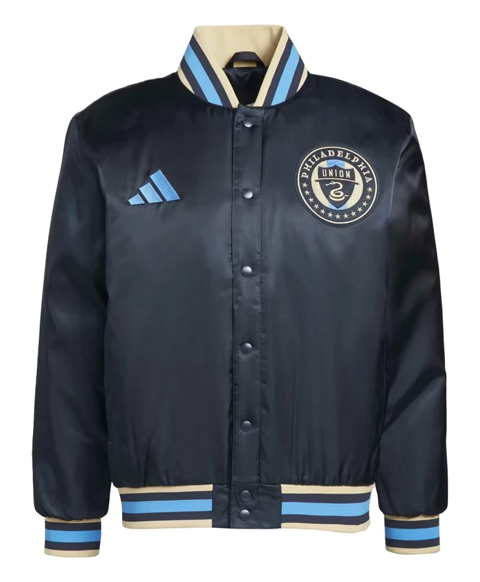 MLS x US Sports Philadelphia Union Adidas Satin Navy Blue Full-Snap Bomber Jacket front view