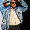 Macklemore Free Palestine Flag Blue Satin Varsity Bomber Jacket front view