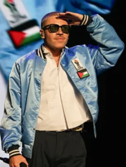 Macklemore Free Palestine Flag Blue Satin Varsity Bomber Jacket front view