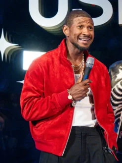 Madame Tussauds Wax Museum USA Usher Red Suede Leather Bomber Jacket front view