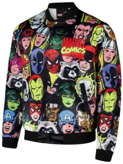 Marvel Chalk Line Heroes Heads Fanimation Black And White Full-Snap Satin Varsity Jacket