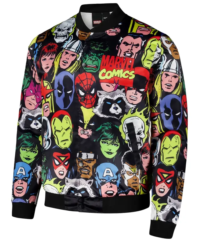 Marvel Chalk Line Heroes Heads Fanimation Black And White Full-Snap Satin Varsity Jacket