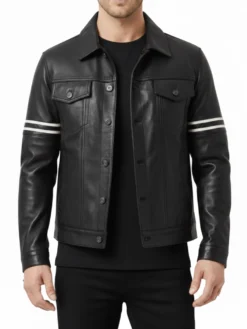 Men-Orvyn-Stiped-Sleeves-Flap-Pockets-Trucker-Black-Leather-Jacket