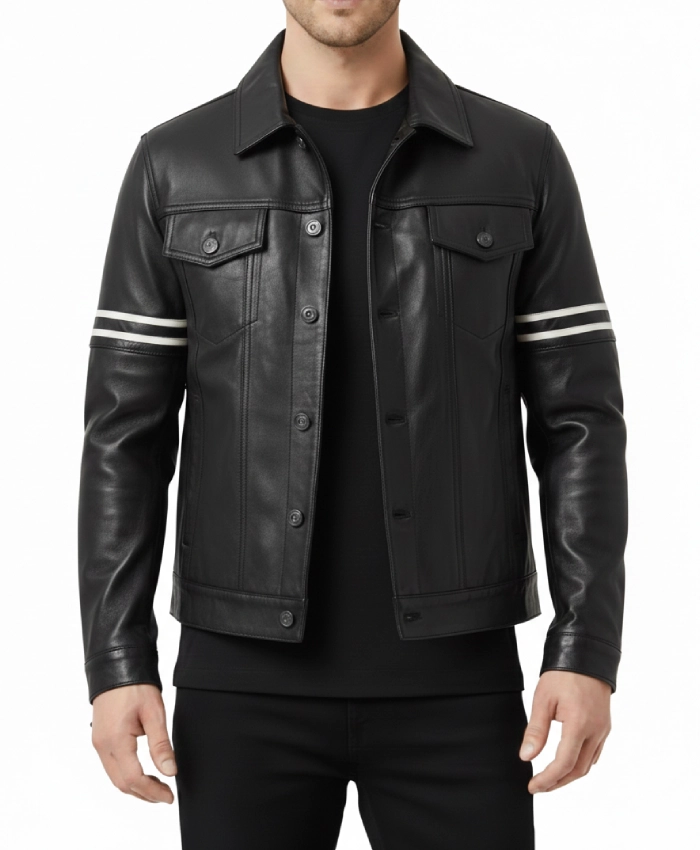 Men-Orvyn-Stiped-Sleeves-Flap-Pockets-Trucker-Black-Leather-Jacket