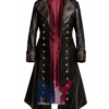 Men's Black Leather Long Trench Coat Captain Hook Pirate Halloween Costume