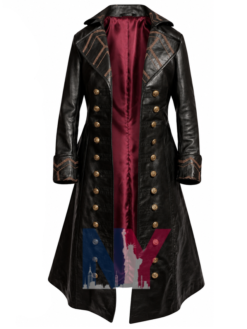 Men's Black Leather Long Trench Coat Captain Hook Pirate Halloween Costume