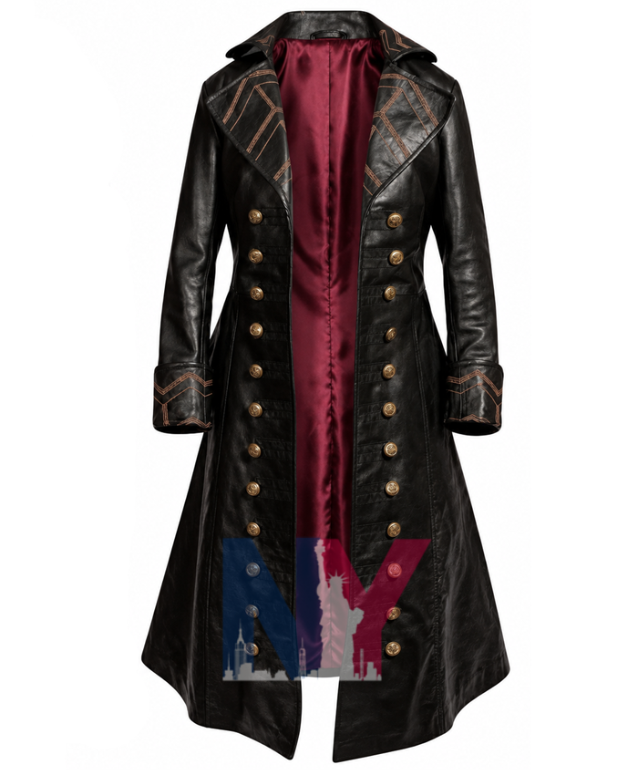 Men's Black Leather Long Trench Coat Captain Hook Pirate Halloween Costume