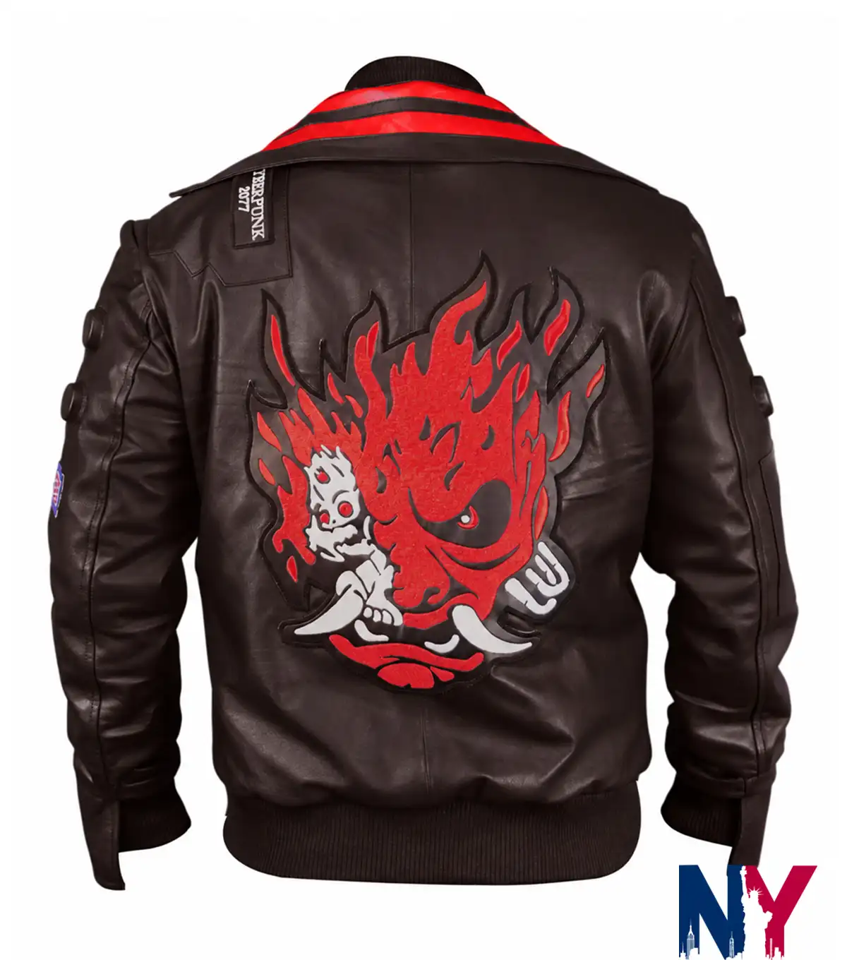 Men’s Halloween Cyberpunk 2077 Samurai Brown Leather Cosplay Jacket back view