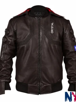 Men’s Halloween Cyberpunk 2077 Samurai Cosplay Brown Leather Jacket front view