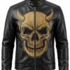 Men's Halloween Gold Devil Skull Logo Leather Jacket