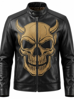 Men's Halloween Gold Devil Skull Logo Leather Jacket