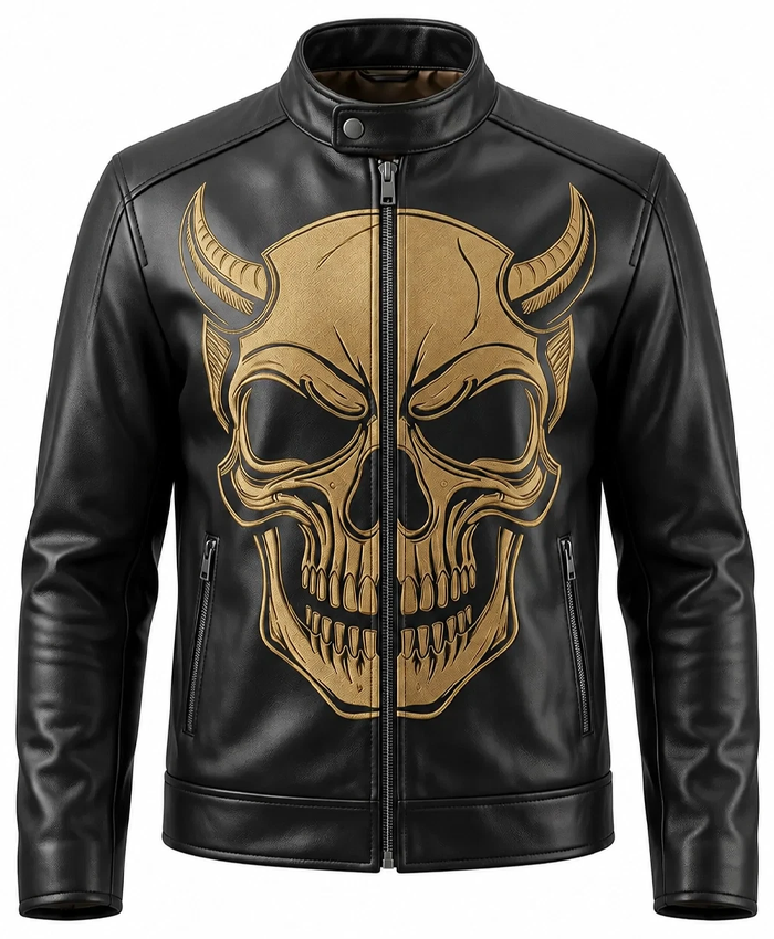 Men's Halloween Gold Devil Skull Logo Leather Jacket