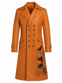 Men’s Halloween Pumpkin Leather Long Coat