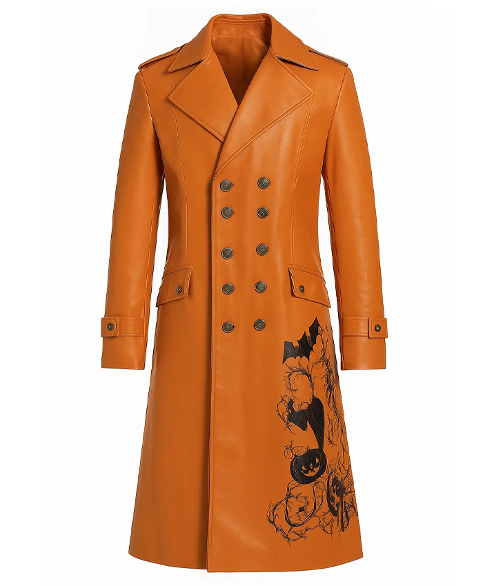 Men’s Halloween Pumpkin Leather Long Coat