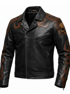 Men's Halloween Skull Flame Leather Biker Jacket