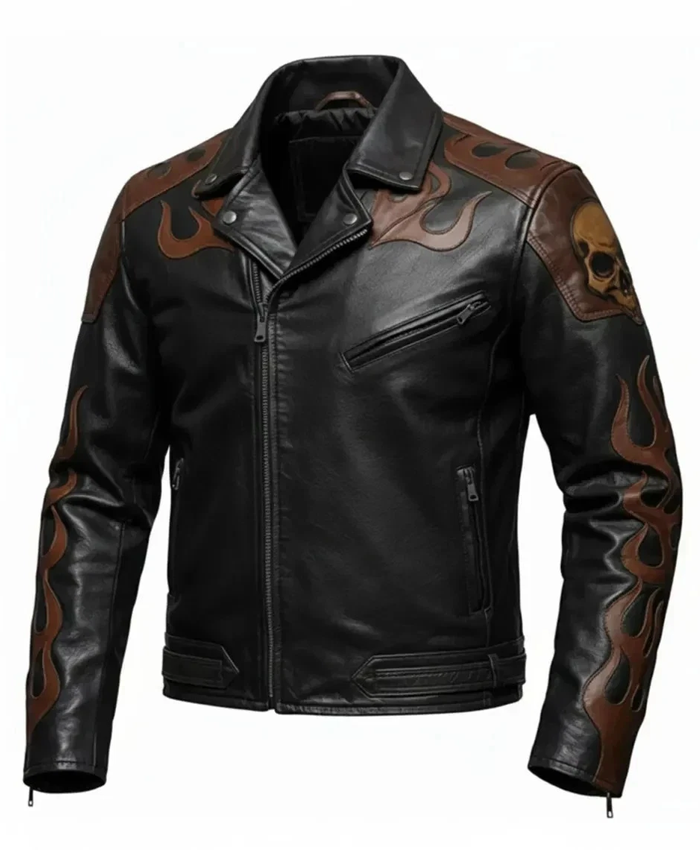 Men's Halloween Skull Flame Leather Biker Jacket