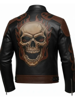 Men's Halloween Skull Flame Logo Leather Jacket