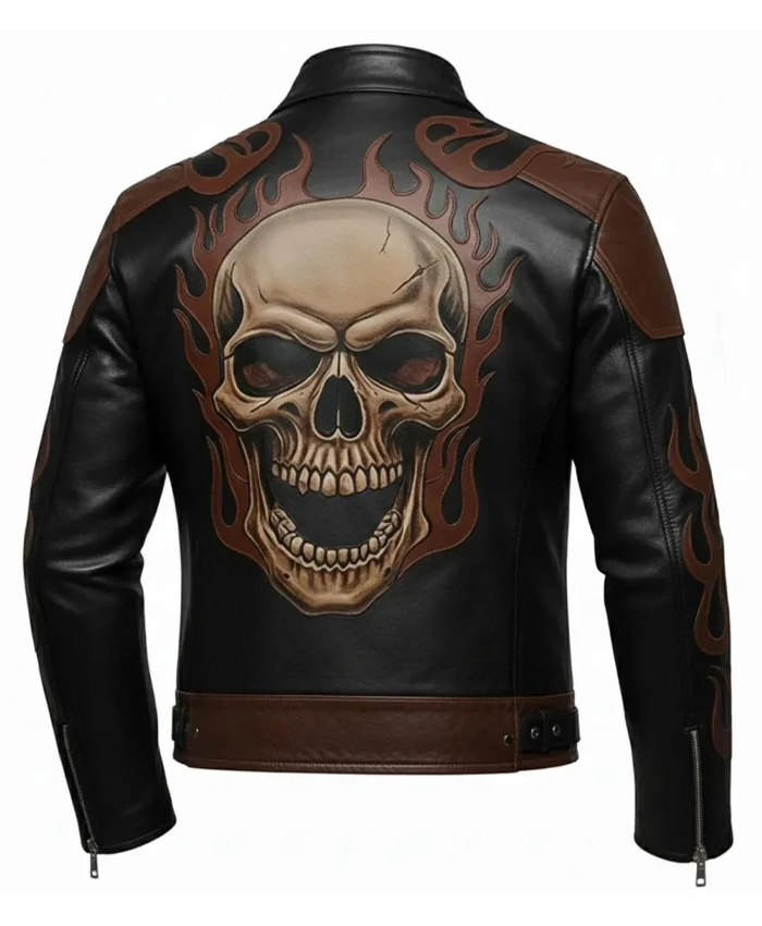 Men's Halloween Skull Flame Logo Leather Jacket