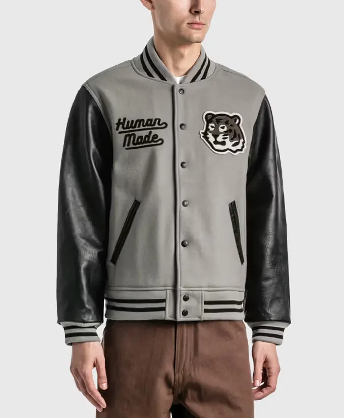 Mens Human Made Letterman Varsity Jacket In Grey