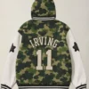 NBA Boston Celtics Kyrie Irving x BAPE Camo And White Fleece Hooded Varsity Jacket back view