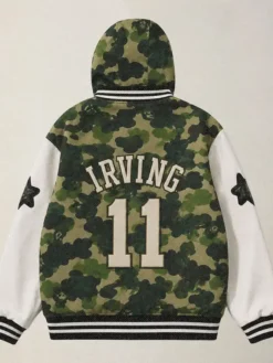 NBA Boston Celtics Kyrie Irving x BAPE Camo And White Fleece Hooded Varsity Jacket back view