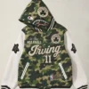 NBA Kyrie Irving x BAPE Boston Celtics Camo And White Fleece Hooded Varsity Jacket front view