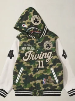 NBA Kyrie Irving x BAPE Boston Celtics Camo And White Fleece Hooded Varsity Jacket front view