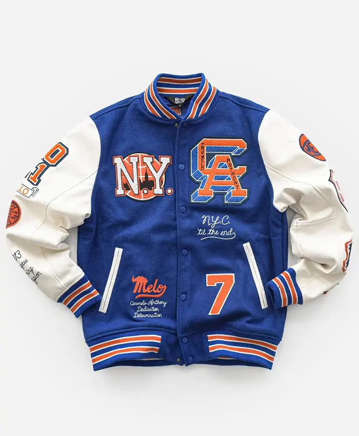 NBA Legend Carmelo Anthony 2026 New York City Blue And White Varsity Jacket front view
