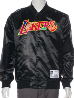 NBA Los Angeles Lakers Mitchell & Ness Takashi Murakami x ComplexCon Black Satin Varsity Jacket front view