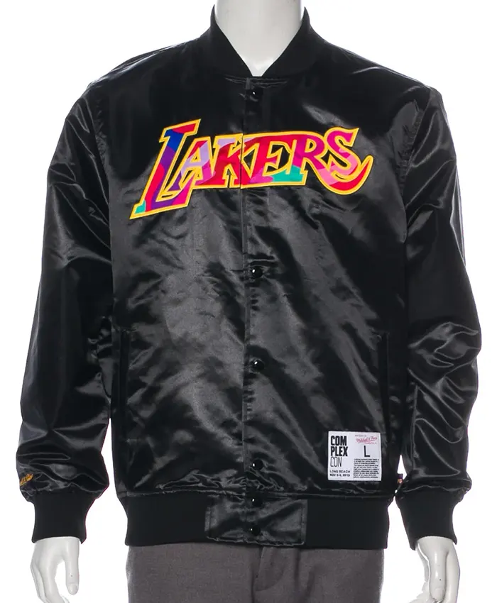 NBA Los Angeles Lakers Mitchell & Ness Takashi Murakami x ComplexCon Black Satin Varsity Jacket front view