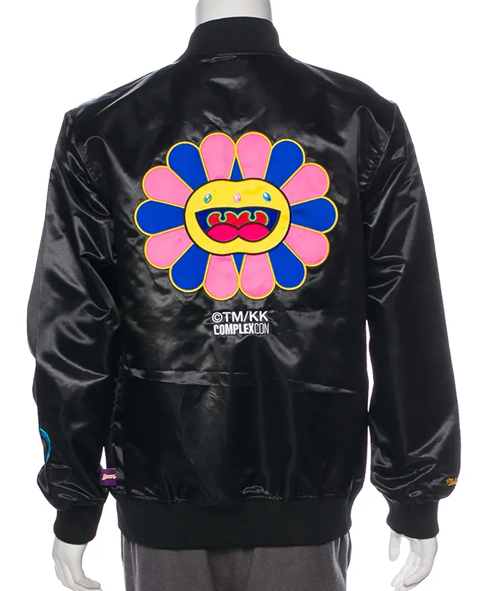 NBA Los Angeles Lakers Takashi Murakami x ComplexCon Mitchell & Ness Black Satin Varsity Jacket back view