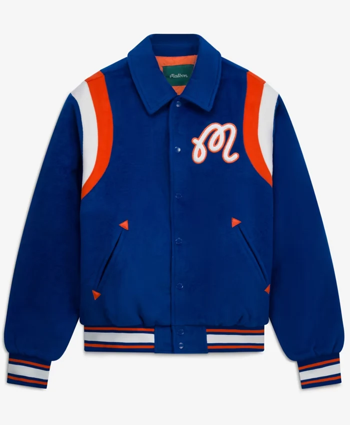 NBA New York Knicks Malbon Golf The Garden Blue Full-Snap Wool Varsity Jacket front view