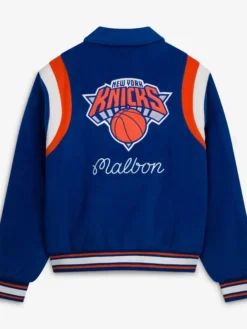 NBA New York Knicks Malbon Golf The Garden Full-Snap Blue Wool Varsity Jacket back view