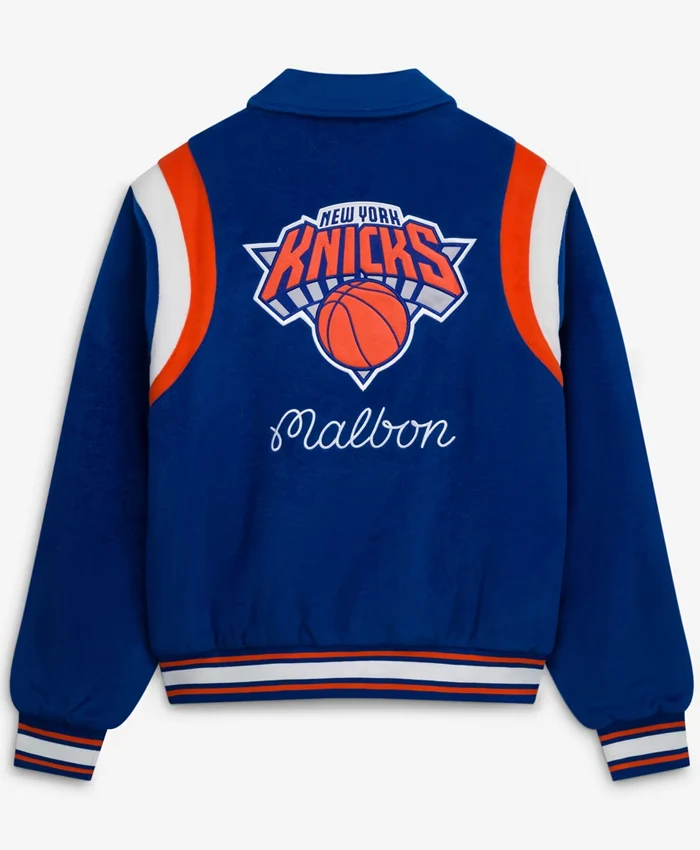 NBA New York Knicks Malbon Golf The Garden Full-Snap Blue Wool Varsity Jacket back view