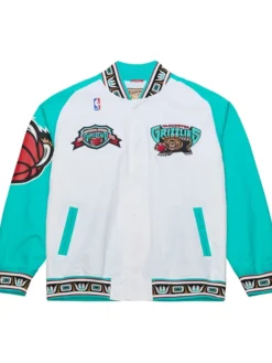 NBA Vancouver Grizzlies Warm Up Mitchell & Ness White 1995 Varsity Jacket front view