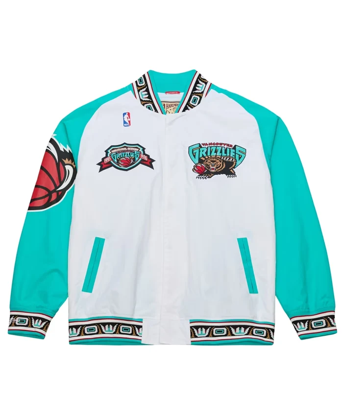 NBA Vancouver Grizzlies Warm Up Mitchell & Ness White 1995 Varsity Jacket front view