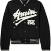 NFL Atlanta Falcons Bijan Robinson Amiri Distressed-Logo Shrunken Black Bomber Jacket front view