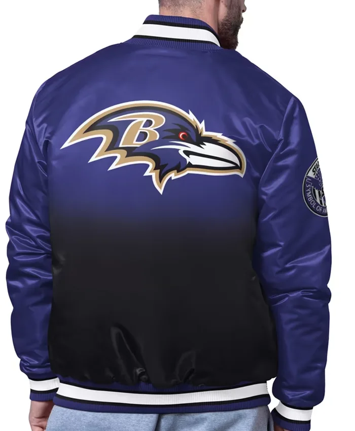 NFL Baltimore Ravens Starter Purple Pass Rush Full-Snap Satin Varsity Jacket back view