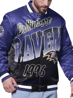 NFL Baltimore Ravens Starter Purple Pass Rush Satin Full-Snap Varsity Jacket front view