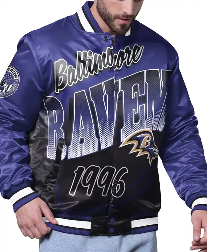 NFL Baltimore Ravens Starter Purple Pass Rush Satin Full-Snap Varsity Jacket front view