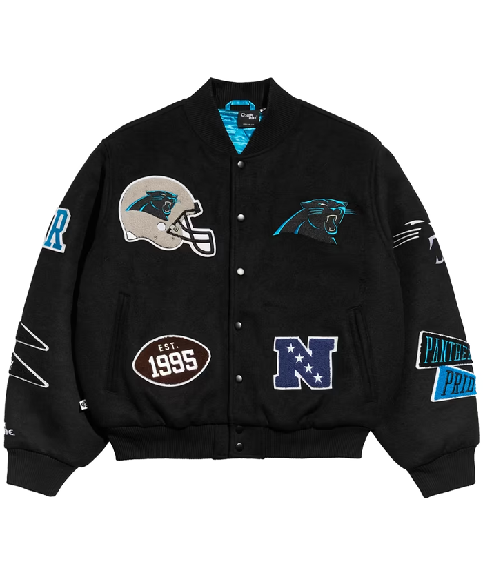 NFL Carolina Panthers Chalk Line Full-Snap Black Pennant Wool Varsity Jacket