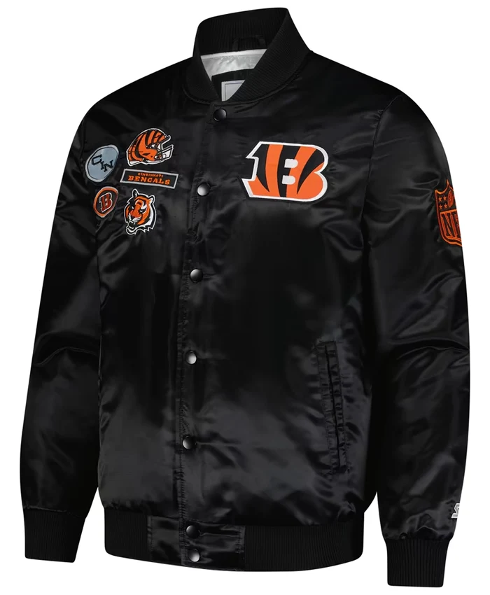 NFL Cincinnati Bengals Starter Black Full-Snap Exclusive Satin Varsity Jacket front view