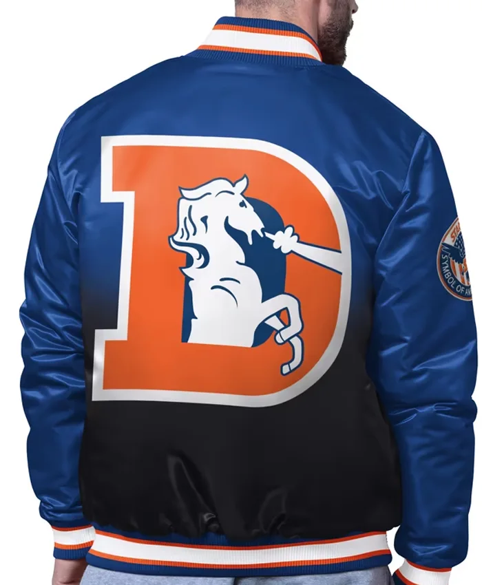 NFL Denver Broncos Starter Blue Pass Rush Full-Snap Satin Varsity Jacket back view