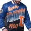 NFL Denver Broncos Starter Pass Rush Full-Snap Blue Satin Varsity Jacket front view