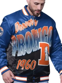 NFL Denver Broncos Starter Pass Rush Full-Snap Blue Satin Varsity Jacket front view