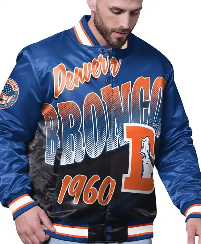 NFL Denver Broncos Starter Pass Rush Full-Snap Blue Satin Varsity Jacket front view