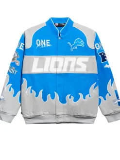 NFL Detroit Lions Chalk Line Blue Premium Cotton Full-Snap Racing Jacket front view