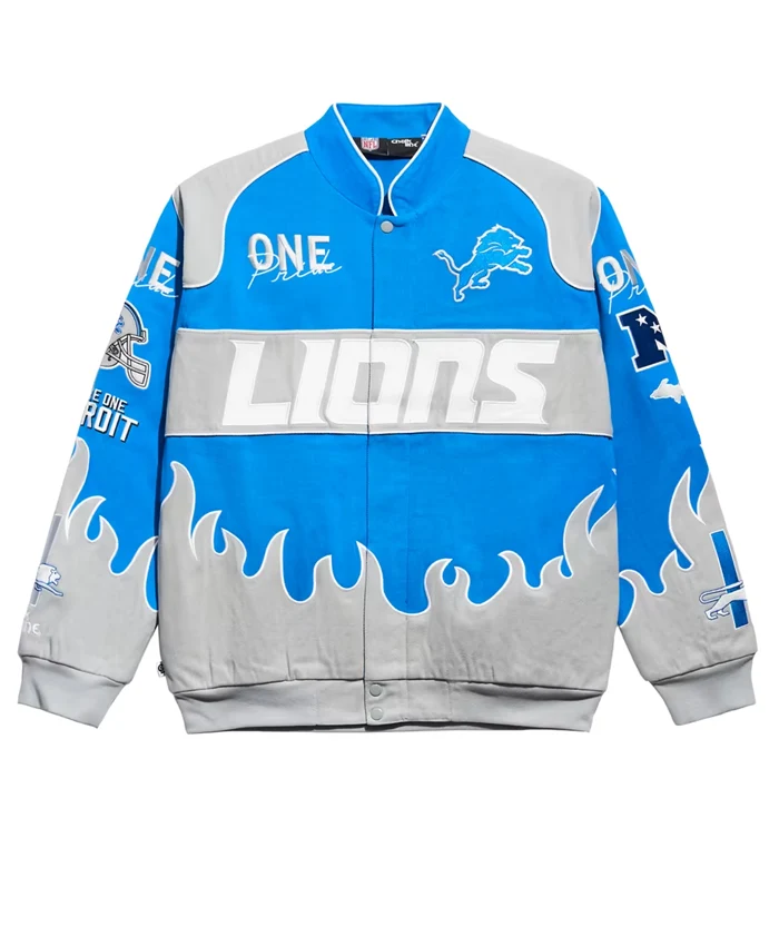 NFL Detroit Lions Chalk Line Blue Premium Cotton Full-Snap Racing Jacket front view