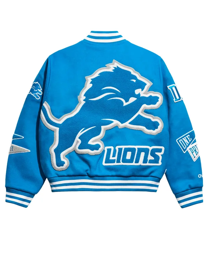 NFL Detroit Lions Chalk Line Full-Snap Blue Pennant Wool Varsity Jacket back view