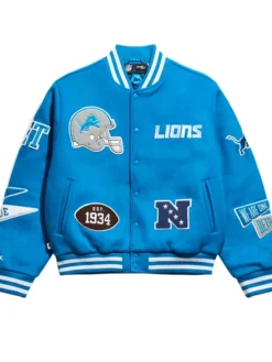 NFL Detroit Lions Chalk Line Full-Snap Blue Wool Pennant Varsity Jacket front view